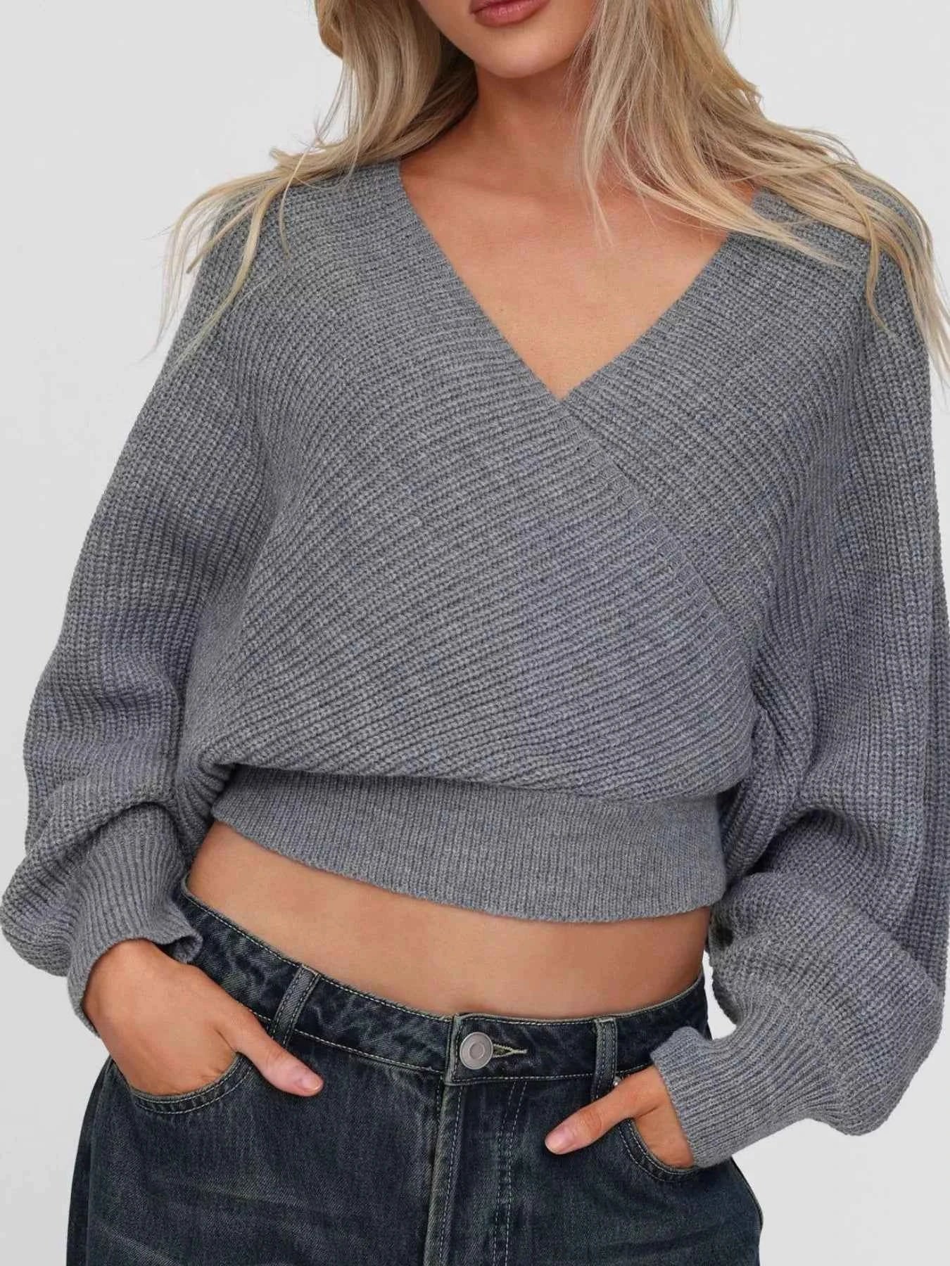 Surplice Cropped Sweater with Back Tie Gray a3a0f07a-fb1a-4f21-bc74-783133da5741-Max-Origin