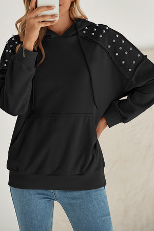 Black Stud Detail Kangaroo Pocket Drawstring Hoodie Black 50%Polyester+50%Cotton a3a3be163fca1f3c