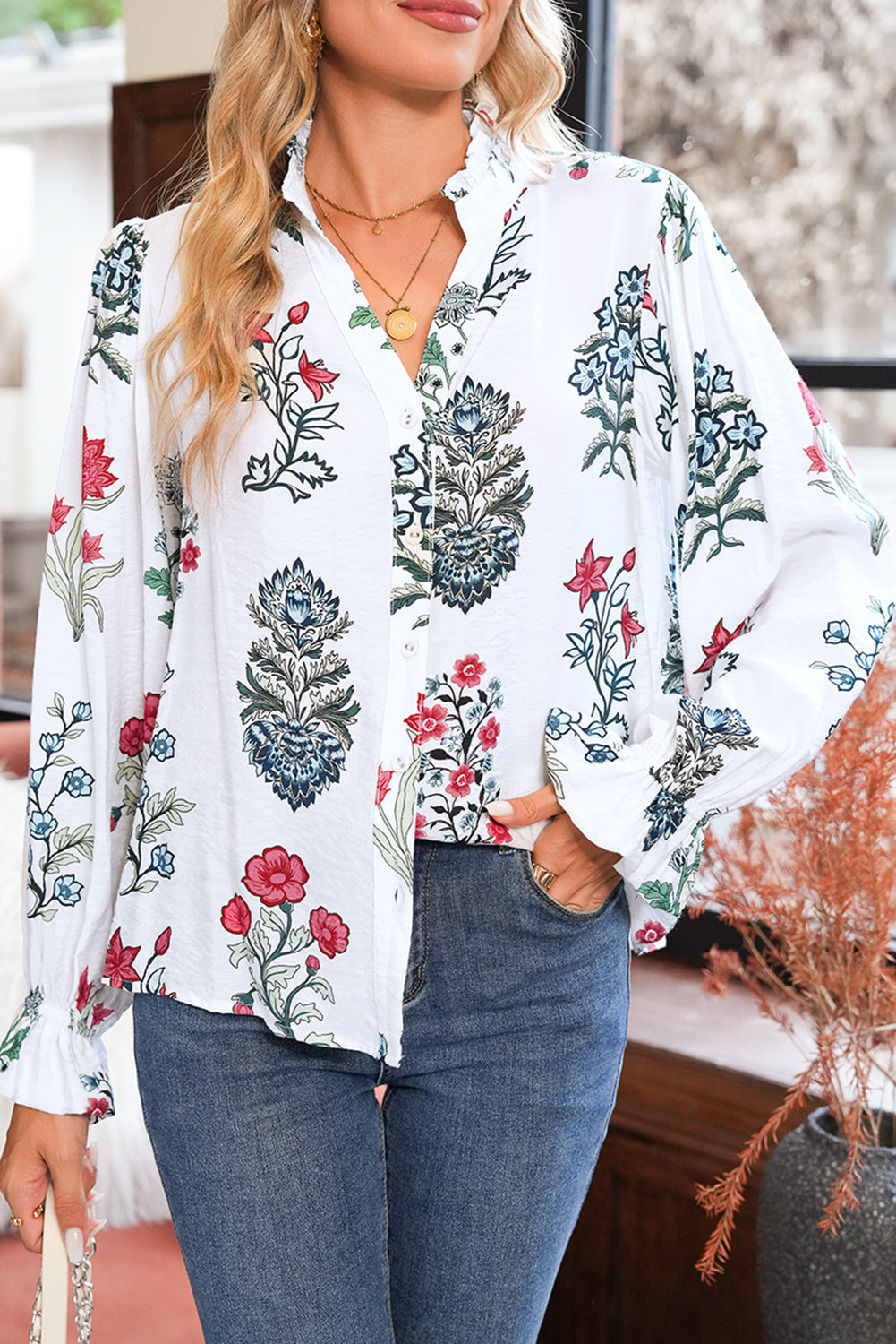 White Floral Print V Neck Loose Drop Sleeve Shirt a3ad37efd6d7ced9