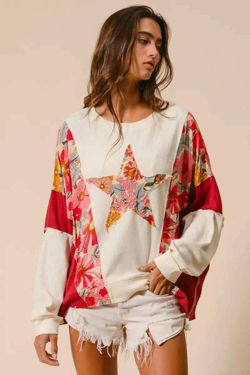 BiBi Floral Print Mixed Star Patch Round Neck Sweatshirt a3b648f3517642d5a93b6ffac0e9f2a4-Max-Origin