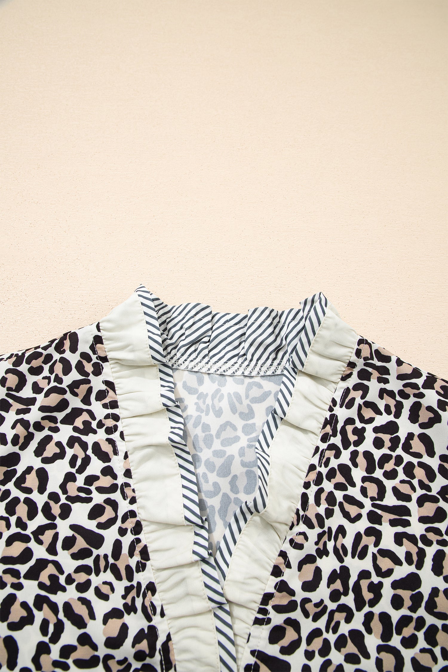 Black Leopard Print Striped Ruffled Color Block Trim V Neck Short Sleeve Blouse a3b6a95ad06d1a30