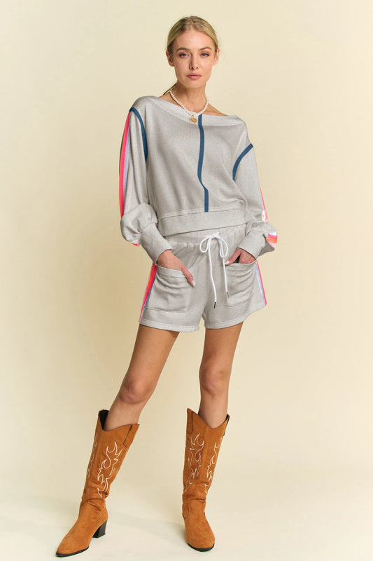 Sequin Stripe Long Sleeve Top And Short Pants Set GREY a3b888a757ef45eaae599bd45bb58a36-Max-Origin