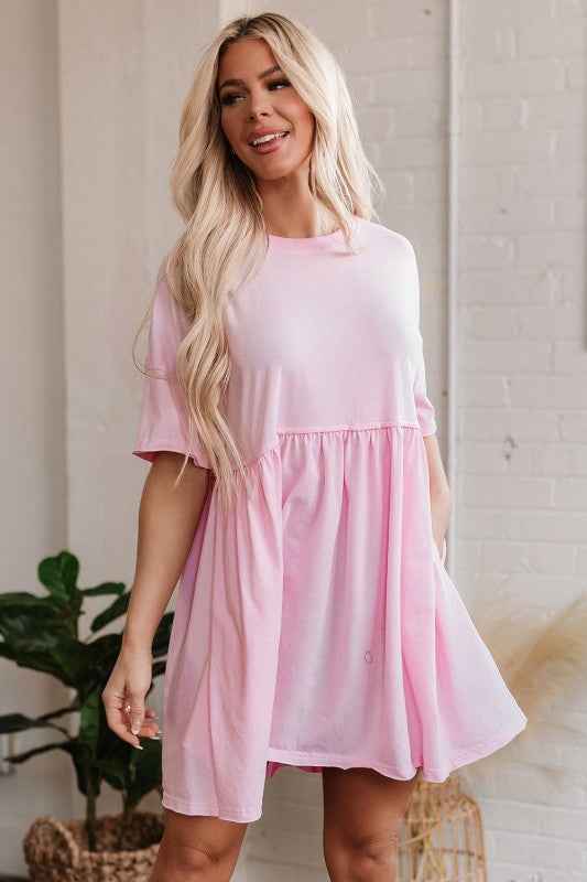Estella Pocketed Raw Edge Babydoll Dress Light Pink a3b8b109-a0b3-4e2b-a66a-37bb6025f6e9