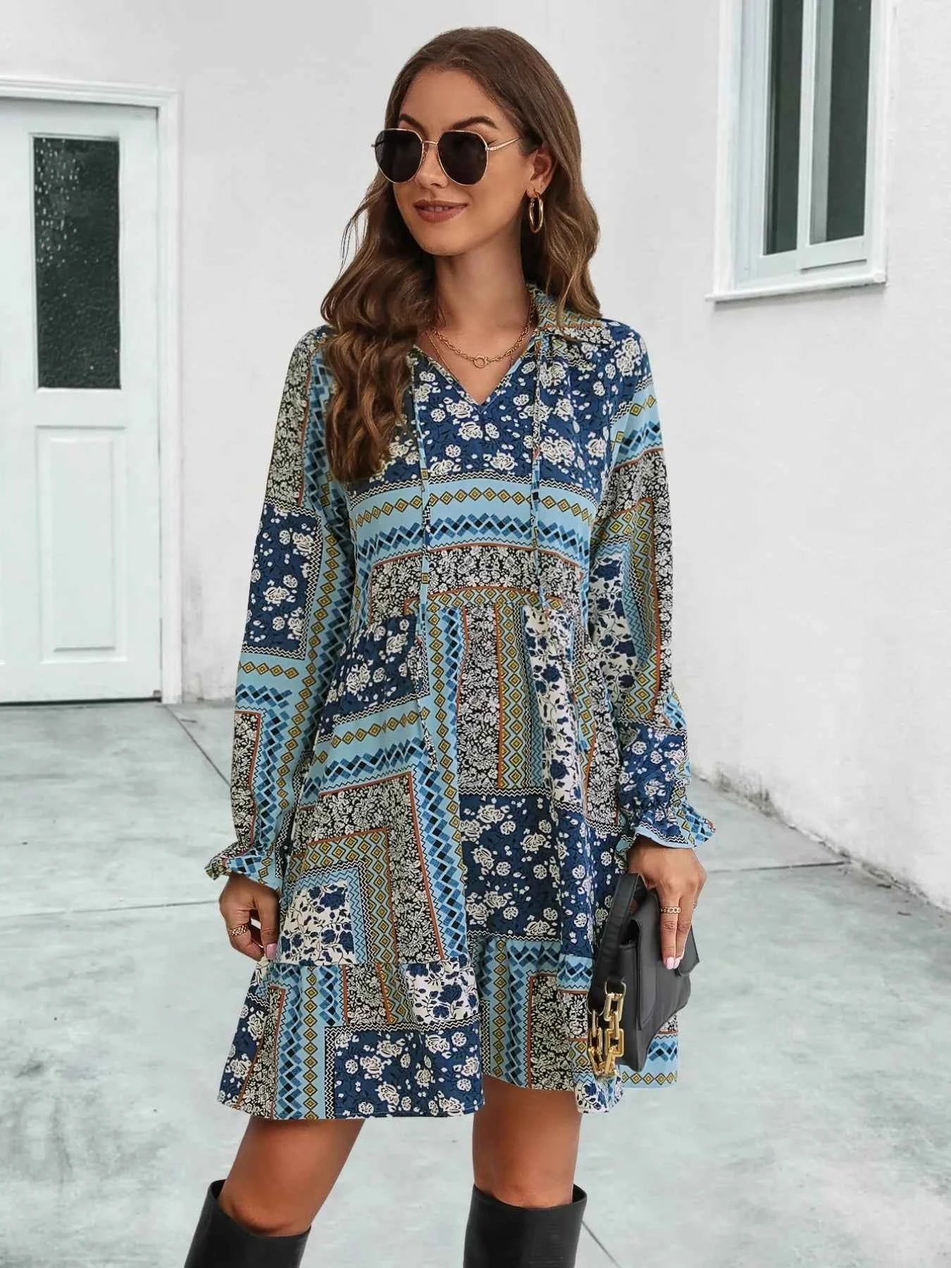 Boho Floral Print Long Sleeve Mini Dress a3bd78b6-9445-49e9-a4b1-21ab11d27017-Max-Origin