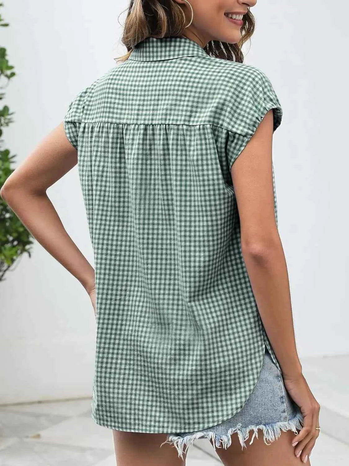 Plaid Button Up Cap Sleeve Shirt a3c15306-929f-4819-9dfc-fbae20abd2fc-Max-Origin