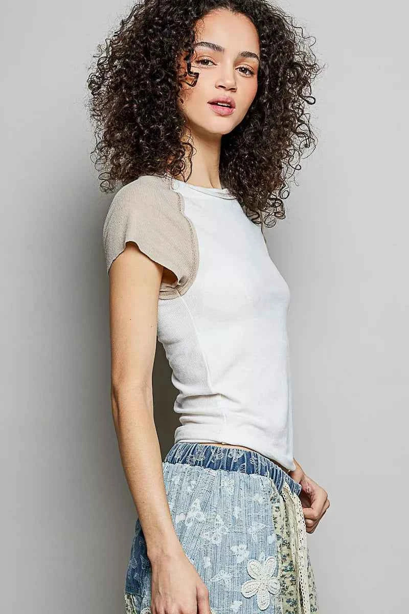 POL Round Neck Outseam Detail T-Shirt with Contrast Color Sleeves a3c218e5-3ce4-4cae-b34e-8a52d0b243f3-Max-Origin
