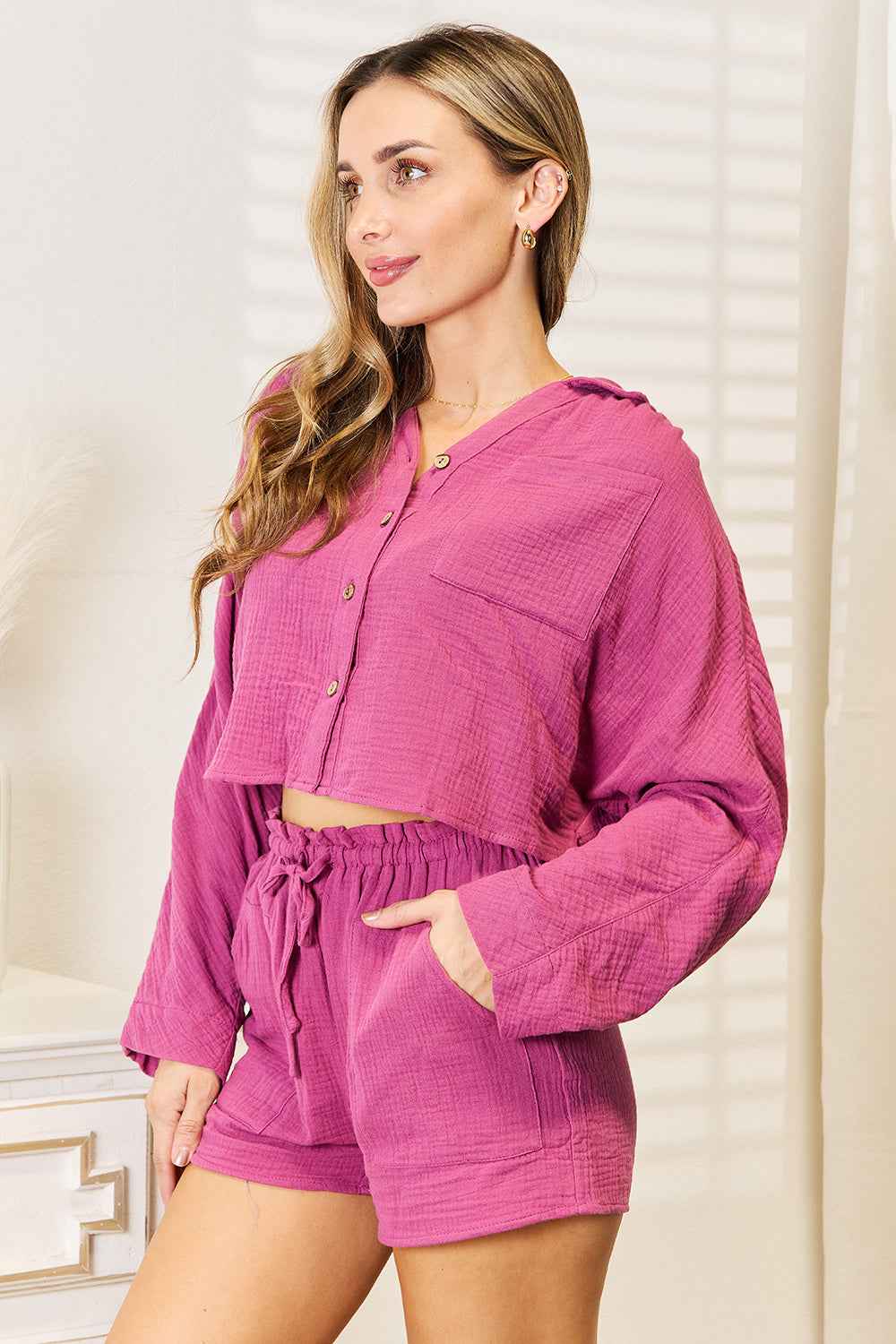 Basic Bae Buttoned Long Sleeve Top and Shorts Set a3c7793e872d46408e38c182a7d3b5b5-Max