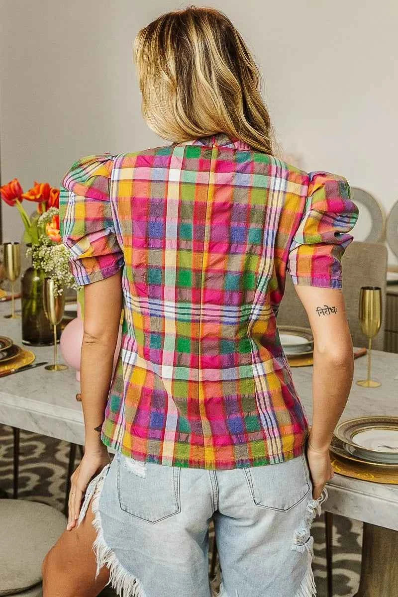 BiBi Short Puff Sleeve Washed Vintage Plaid Top a3c909bd51fd414b87c9d41acd576521-Max-Origin