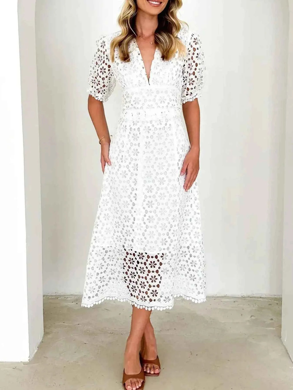 Eyelet Lace V-Neck Midi Dress with Puff Sleeves a3d77f2c-8f95-4348-8d1b-eee78ef3fe06-Max-Origin