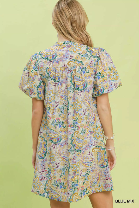 Paisley Floral Puff Sleeve Shift Dress a3d7c7ff-da25-4cc2-9505-176f68f5b5cc-Max-Origin