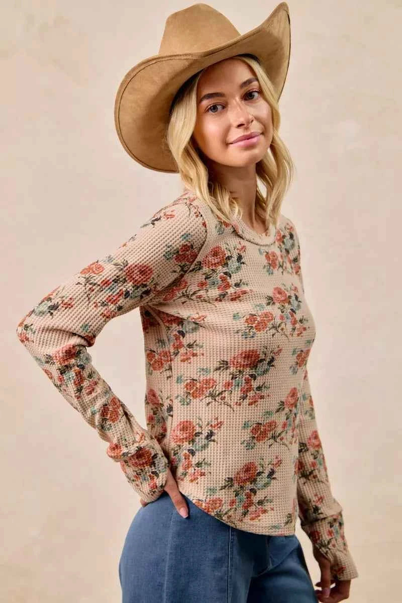 BiBi Floral Print Washed Waffle Thermal Top with Thumb a3d894b1dd4445c9b55bc44946da6192-Max-Origin