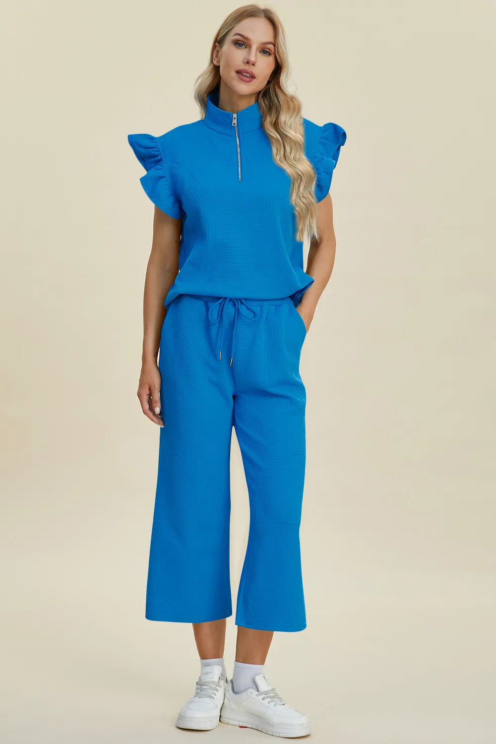 Double Take Full Size Texture Ruffle Short Sleeve Top and Wide Leg Pants Set Sky Blue a3dcb328-9394-4e42-a854-196c5c74667a-Max