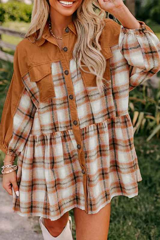 Plaid Patchwork Pocketed Ruffle Hem Shirt Dress Khaki a3e196ea-acd4-4acf-9b44-63908f9ecfa7