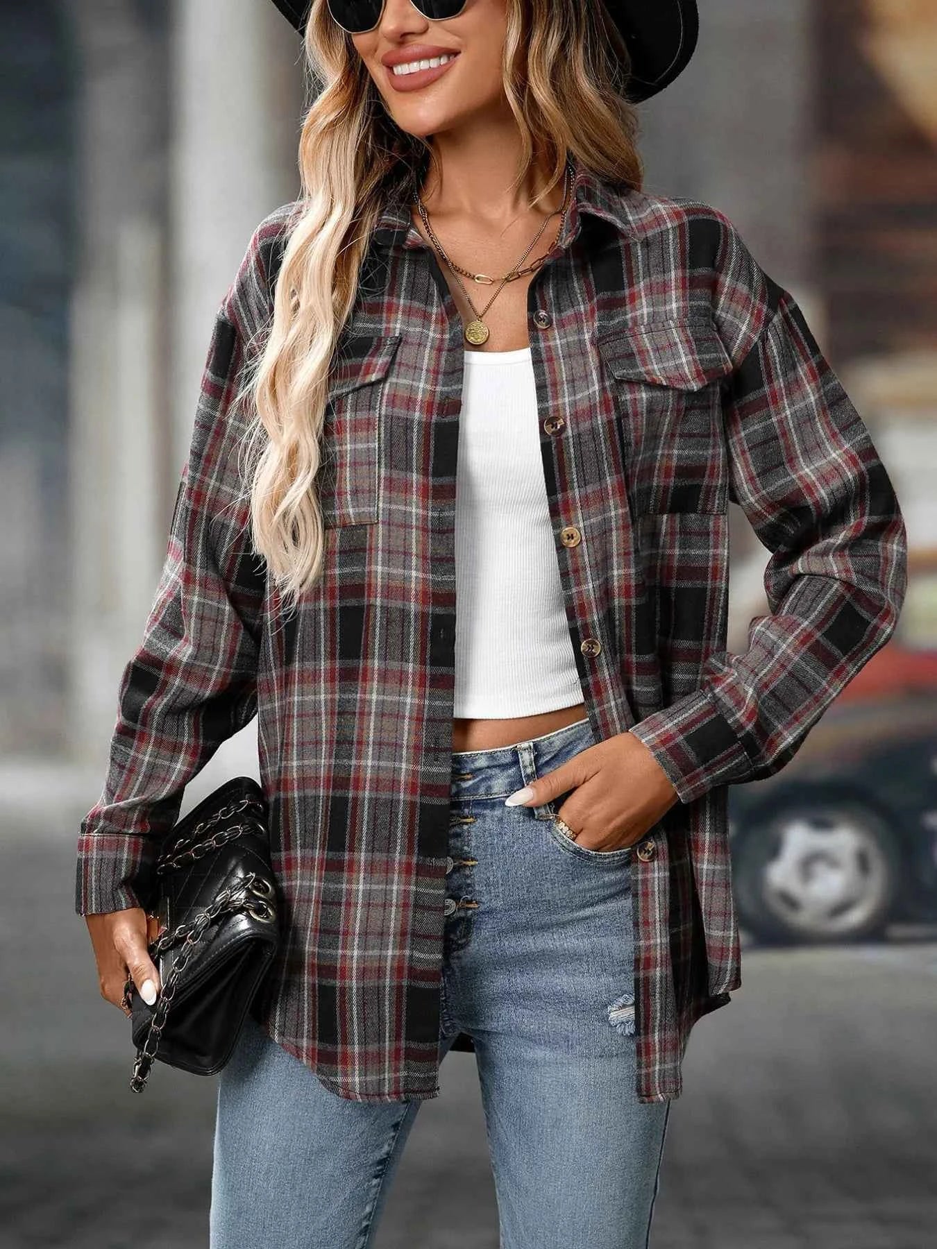 Oversized Plaid Button-Up Shirt Dark Gray a3e2f0eb-465d-4e27-b702-46991a04a6f8-Max-Origin