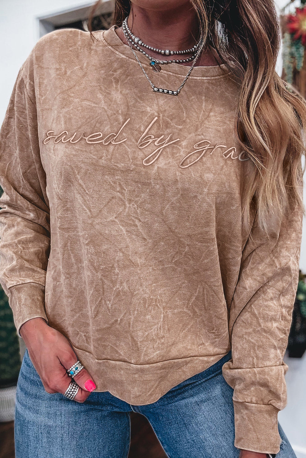 Sea Green saved by grace Letter Embroidery Mineral Wash Loose Sweatshirt a3e30cc2678bdfde