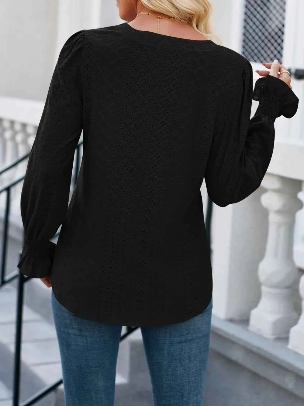 Lovelet Eyelet Notched Flounce Sleeve Blouse a3e46f81-c3d8-4afc-aab0-3045be8fbac2-Max