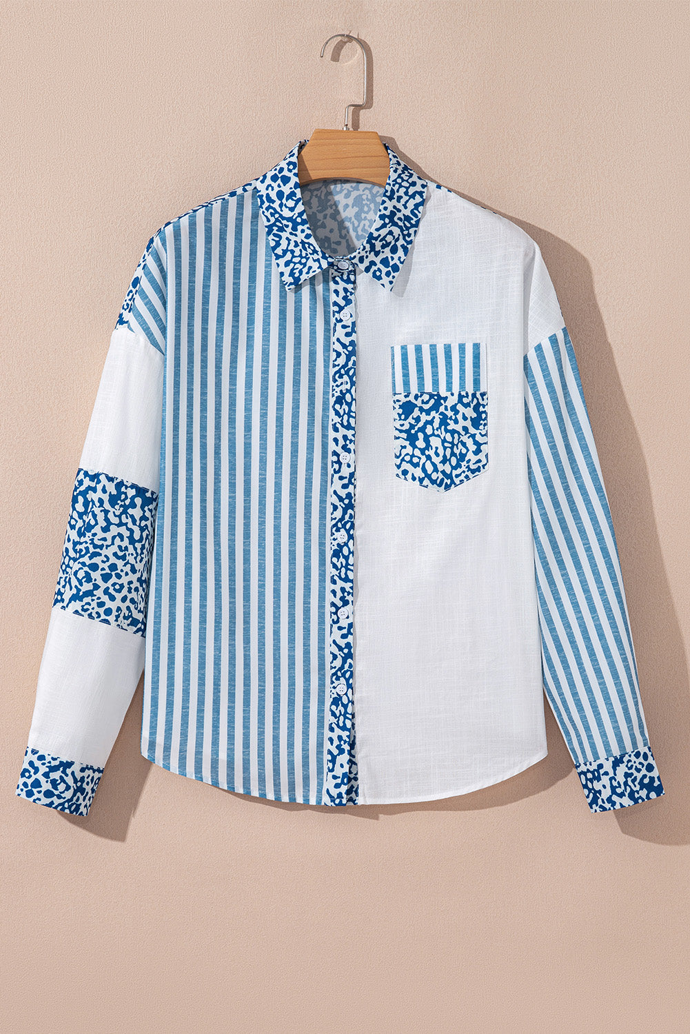 Sky Blue Leopard Striped Patchwork Button-up Shirt a3e4bf9ce0083f98