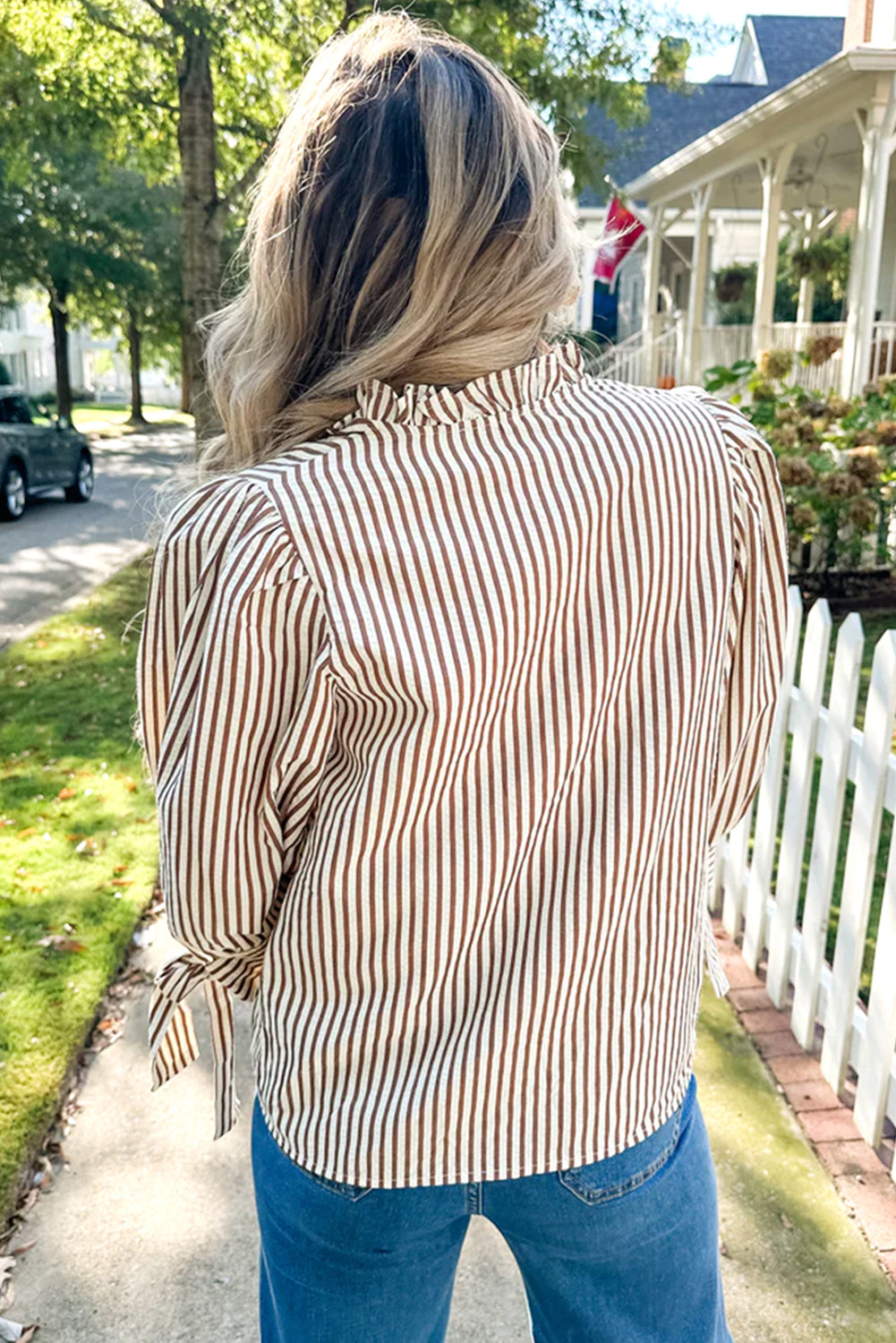 Straw Yellow Striped Frill V Neck Knot Bracelet Sleeve Blouse a3f6853c7a078e3c