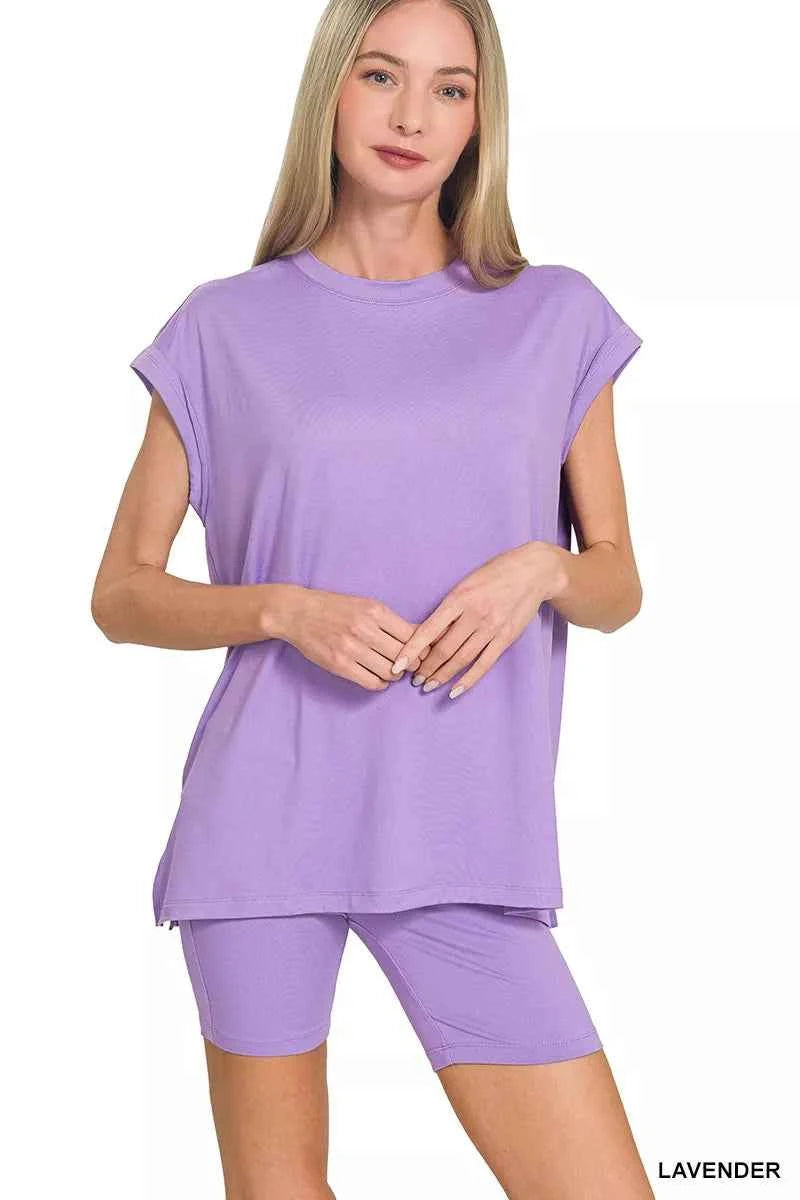 Zenana Brushed Dty Microfiber Top & Biker Shorts LAVENDER a3f82ce0f51c4b80bc4af2dc9abaa815-Max-Origin