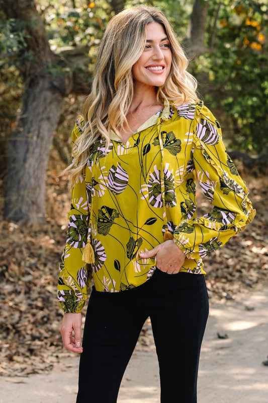 Floral V-Neck Ruffle Trim Long Sleeve Blouse a3f98aa5-60a7-4802-843f-9fd117c2ffae