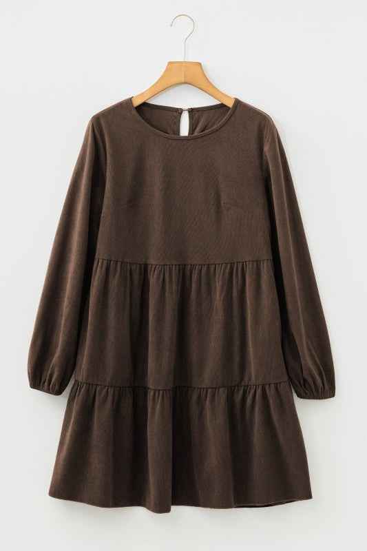 Solid Lantern Sleeve Tiered Mini Dress Dark Brown a3fc265c-0346-49c7-8e2e-1a3aedf24efd