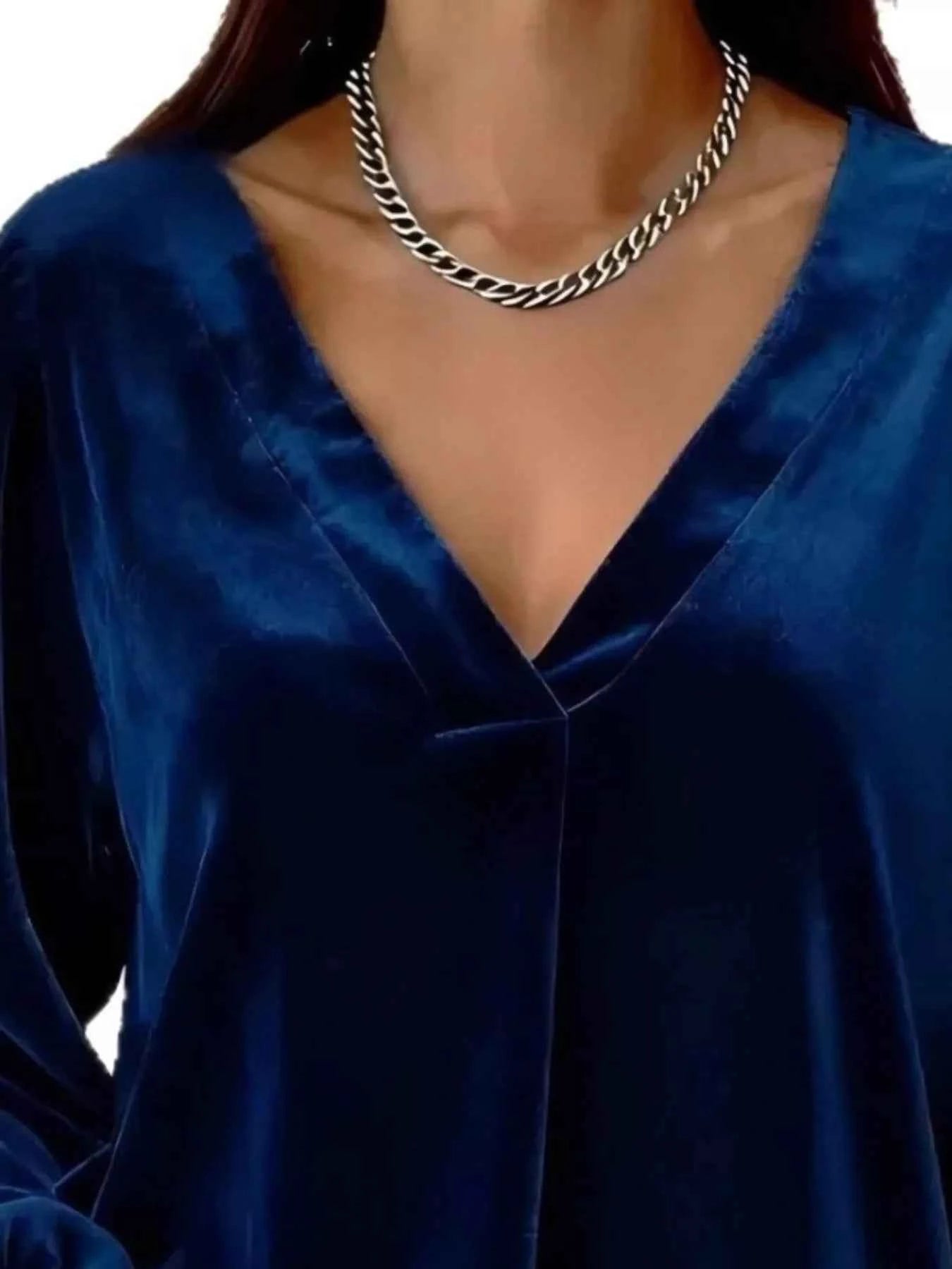 Full Size Velvet V-Neck Balloon Sleeve Blouse Plus Size