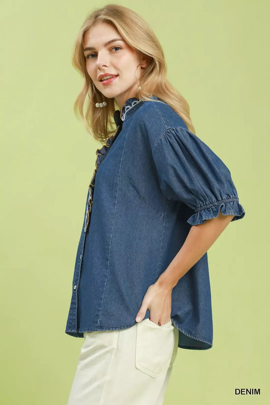 Chambray Scalloped Trim Button Front Blouse a402ad77-8ff5-43f7-8e02-616b4dd79153-Max-Origin
