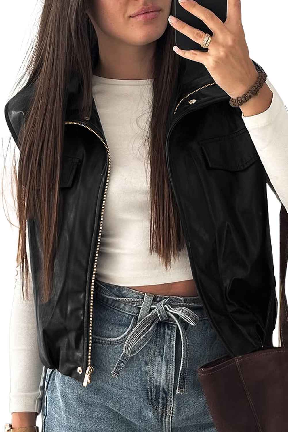 Black Double Flap Pocket Faux Leather Zip Up Stand Neck Vest a403ba2e0ab92243