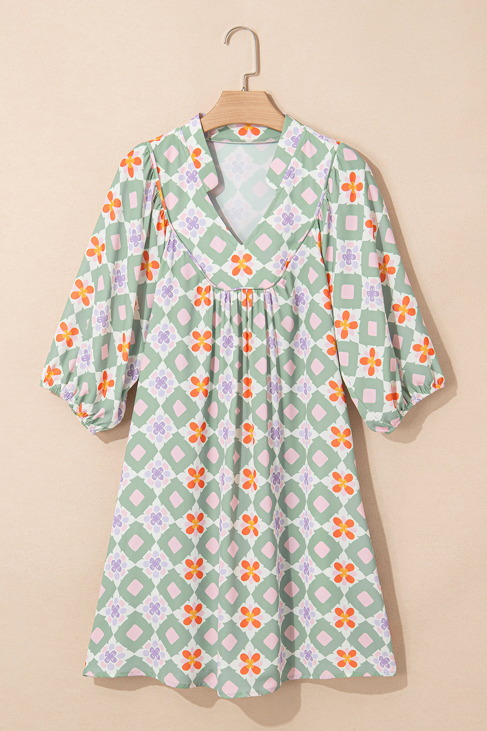 Green Geometric Floral Print 3/4 Sleeve Notched Neck Mini Dress a406a893b7844bd5