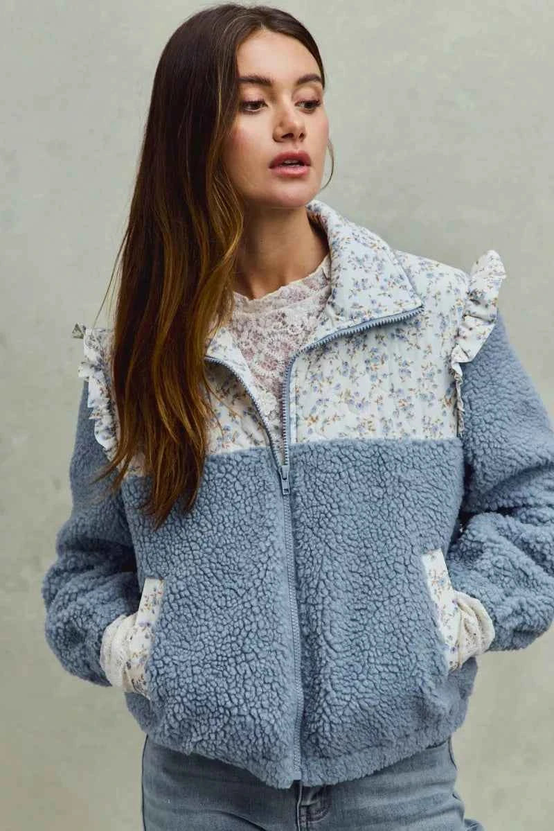 SO ME Faux Fur Sherpa Pull Jacket with Floral Contrast BLUE a408663b15484d69bb8c0a54d3ba3545-Max-Origin