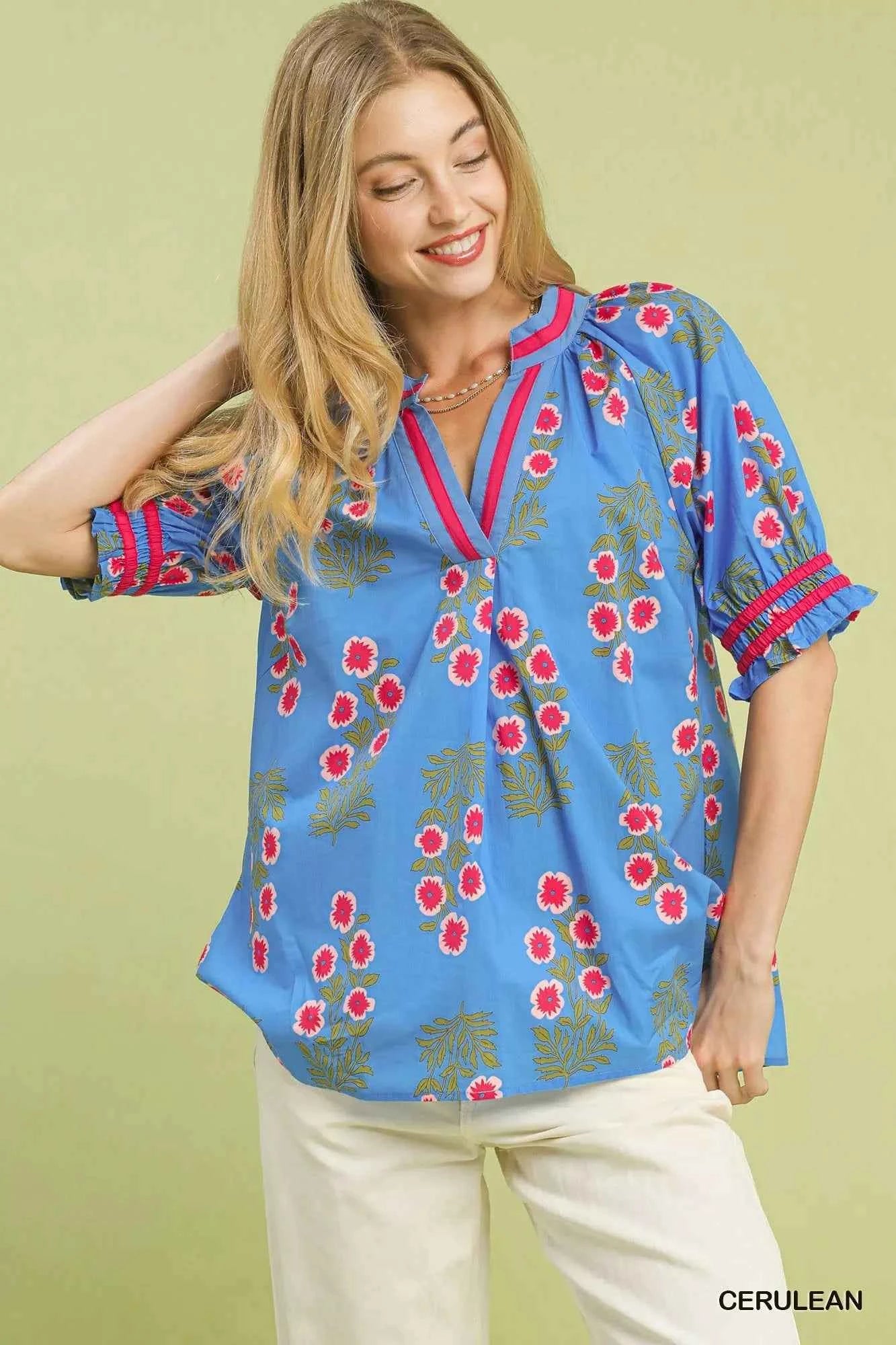 Umgee Floral V-Neck Puff Sleeve Top CERULEAN a40a7a82-3dd9-4aaa-9c49-efe5f37362fe-Max-Origin