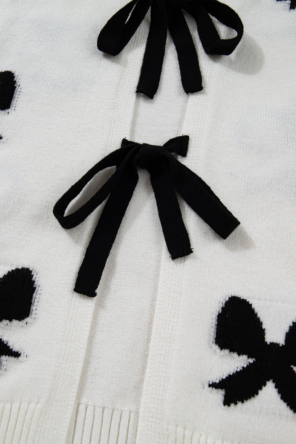 White Lace-Up Front Bow Pattern Round Neck Knit Cardigan a41029a511d9ebe3