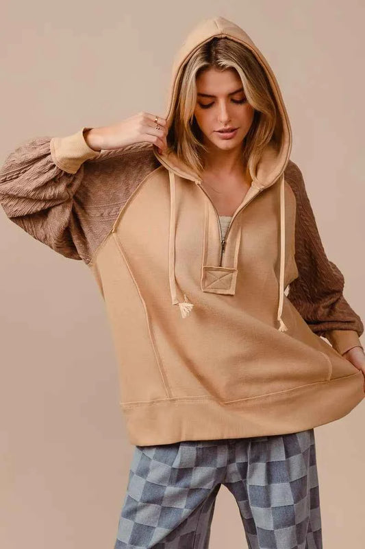 Half Zip French Terry Hoodie with Kint Sleeves a41157c14a6b4b67be78fa3af647fd96-Max-Origin