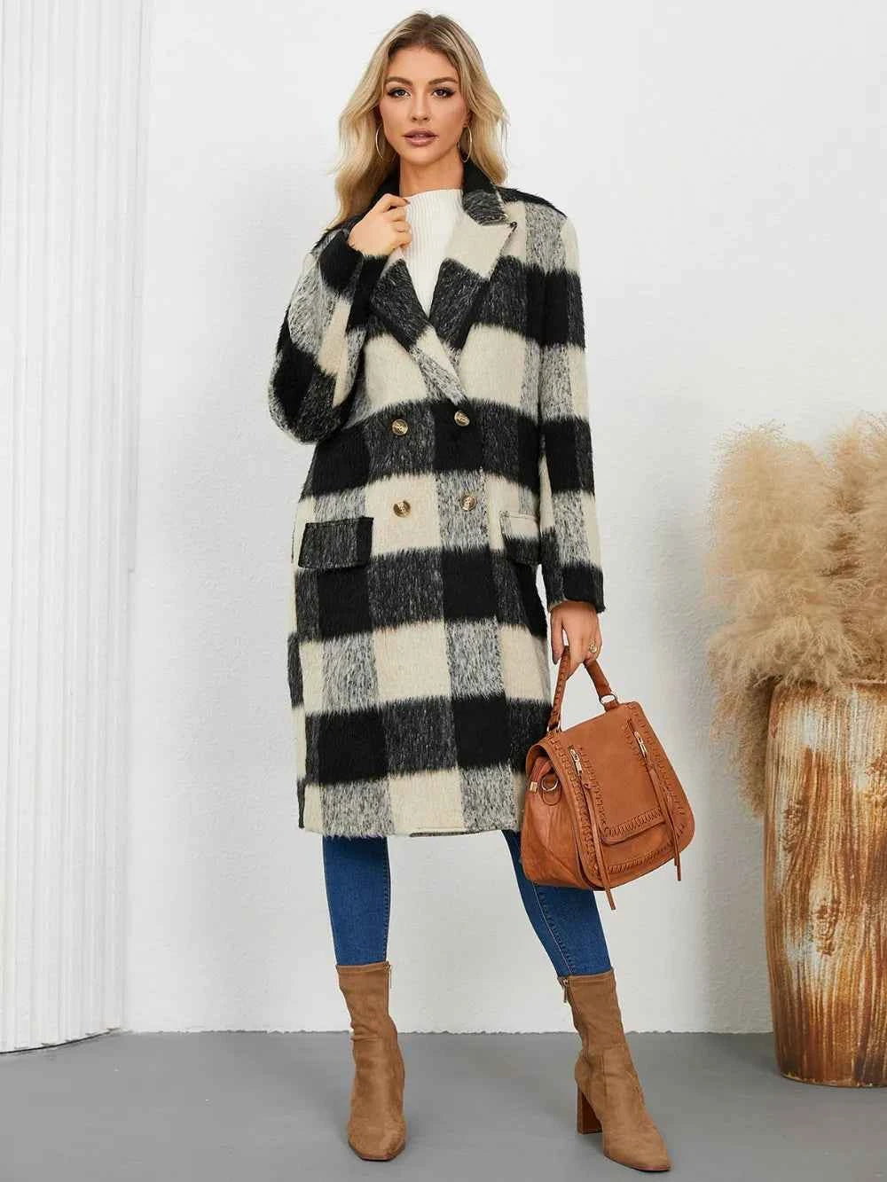 Plaid Double-Breasted Long Sleeve Coat Black a411a3f3-774f-4114-80c8-3a935c243562-Max