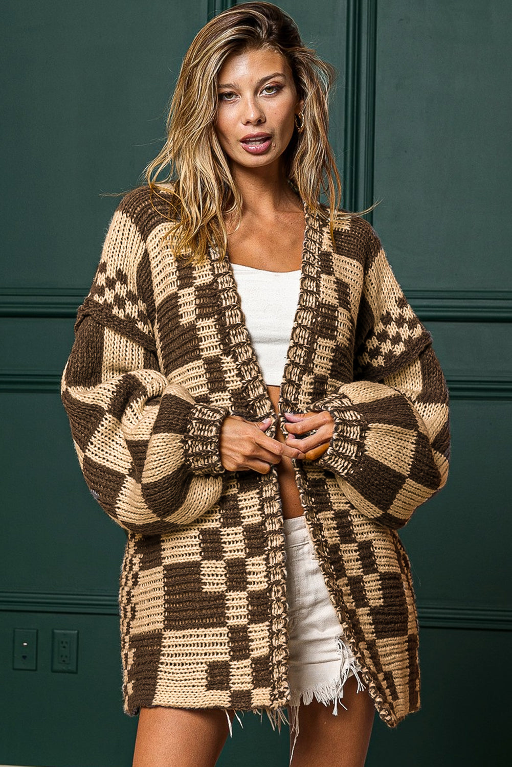 Dark Grey Colorblock Checked Loose Fit Open Front Knitted Cardigan a411e71b7a9bb82d