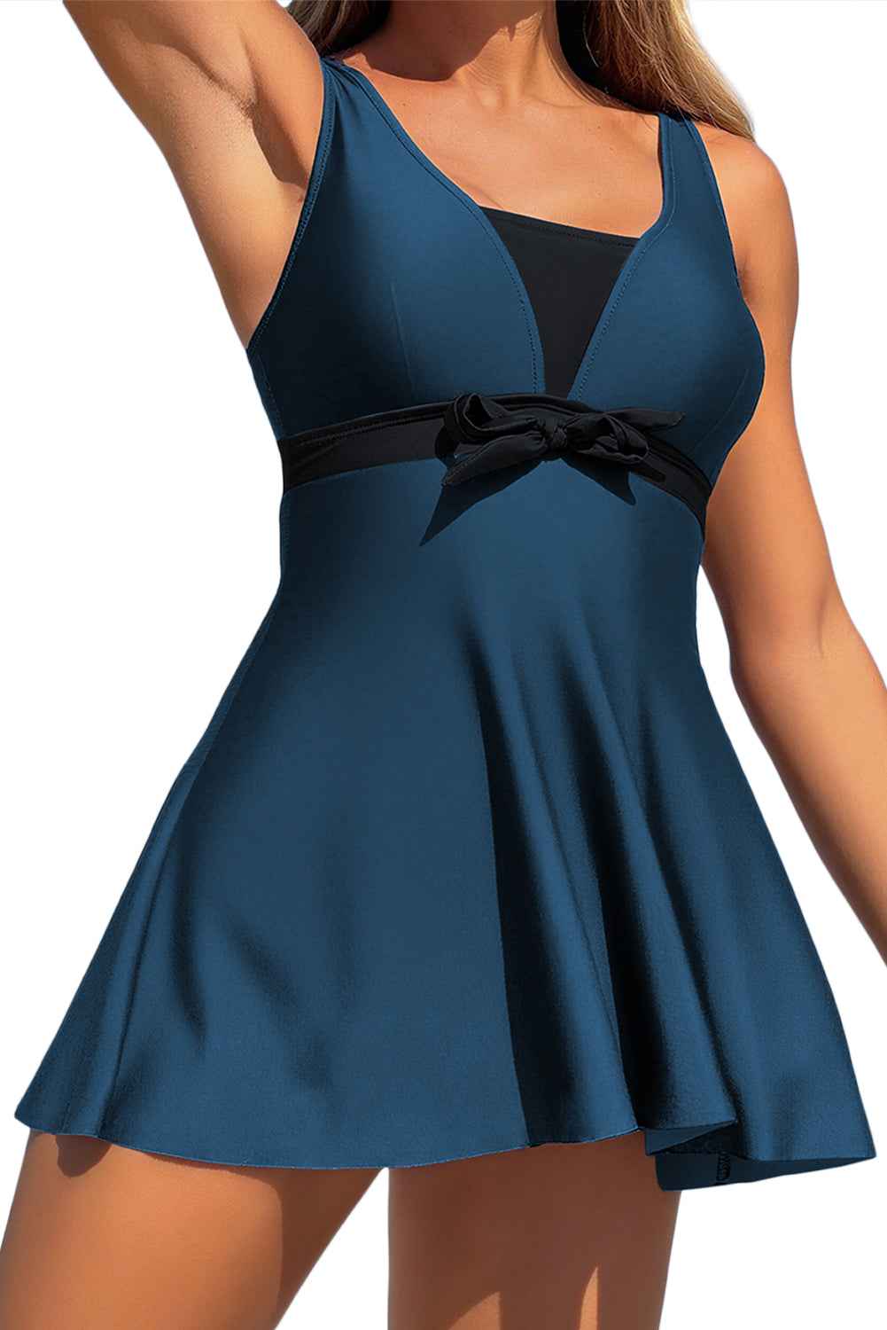 Blue Floral Print Patchwork Bow Knot Detail Sleeveless Swim Dress a414bdf5cd0fe08c