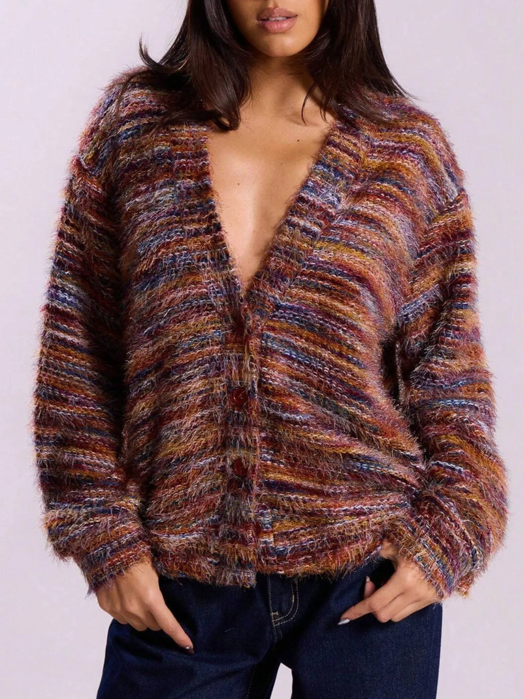 V-Neck Long Sleeve Cardigan Dark Red a4151b89-5424-4d08-a11c-88f4bbec28d8-Max-Origin