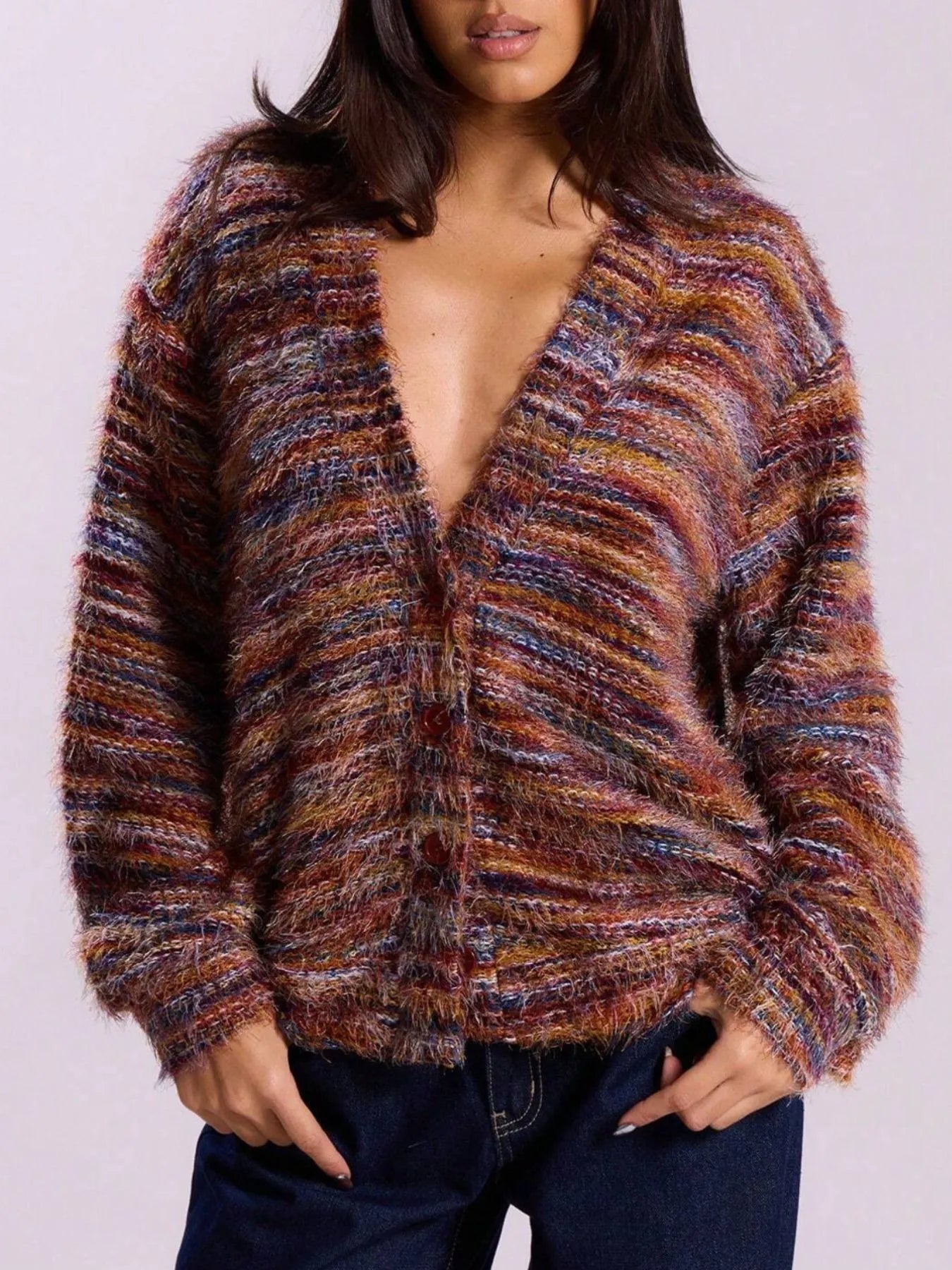 V-Neck Long Sleeve Cardigan Dark Red a4151b89-5424-4d08-a11c-88f4bbec28d8-Max-Origin