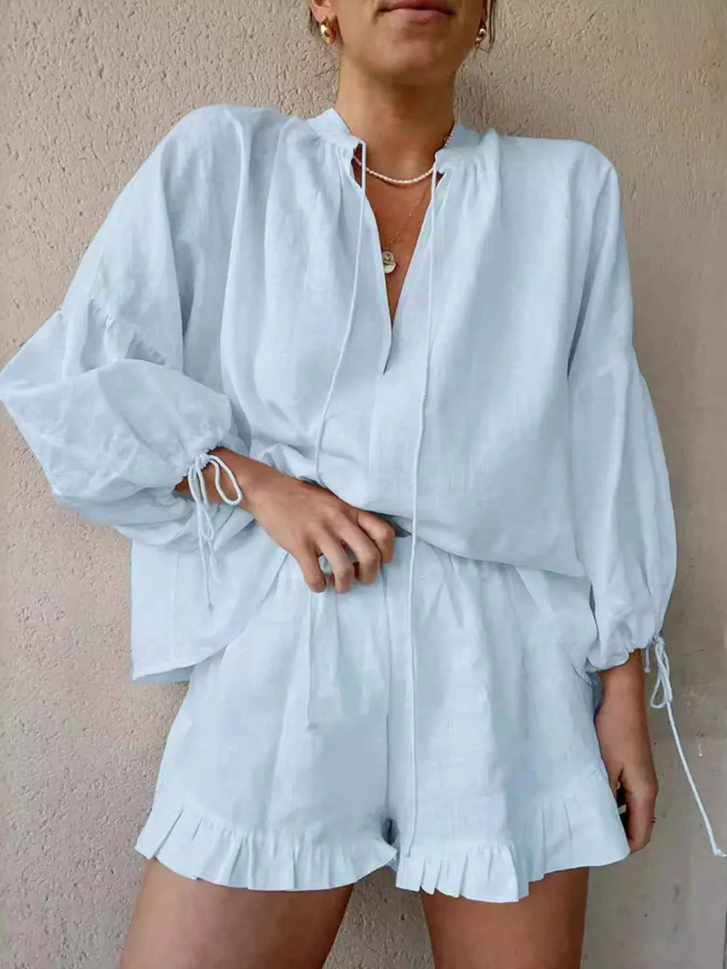 Tie Neck Balloon Sleeve Blouse and Shorts Set a418767c5c8a4086bd1da6d1cf0eaeb1-Max-Origin