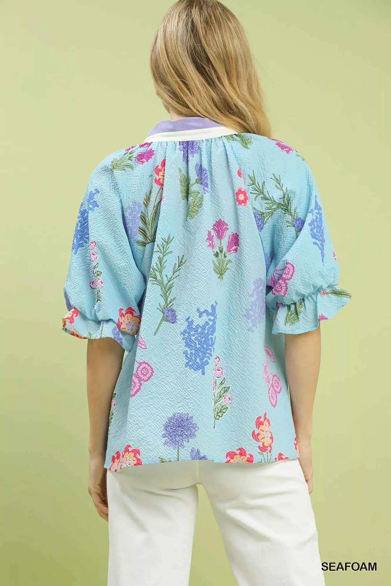 Umgee Floral Puff Sleeve Blouse with Scallop Trim Collar a41c2ecb-219c-4b97-927c-7e4af90425fb-Max-Origin