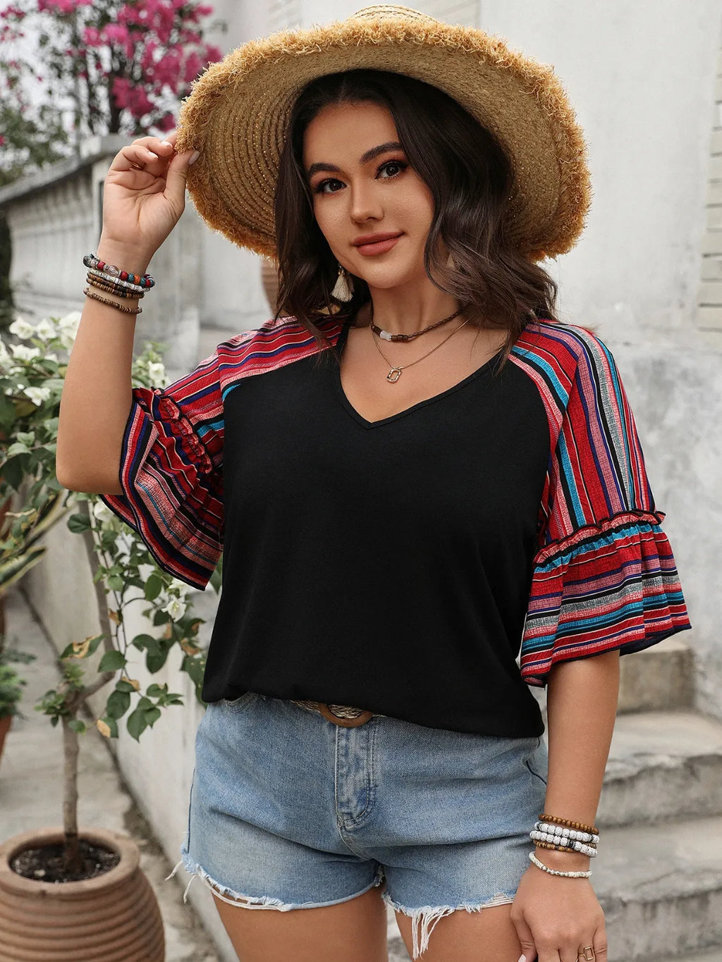 Plus Size V-Neck Flounce Sleeve Top a41e0c61-3334-494b-aa32-80f66891774e-Max-Origin