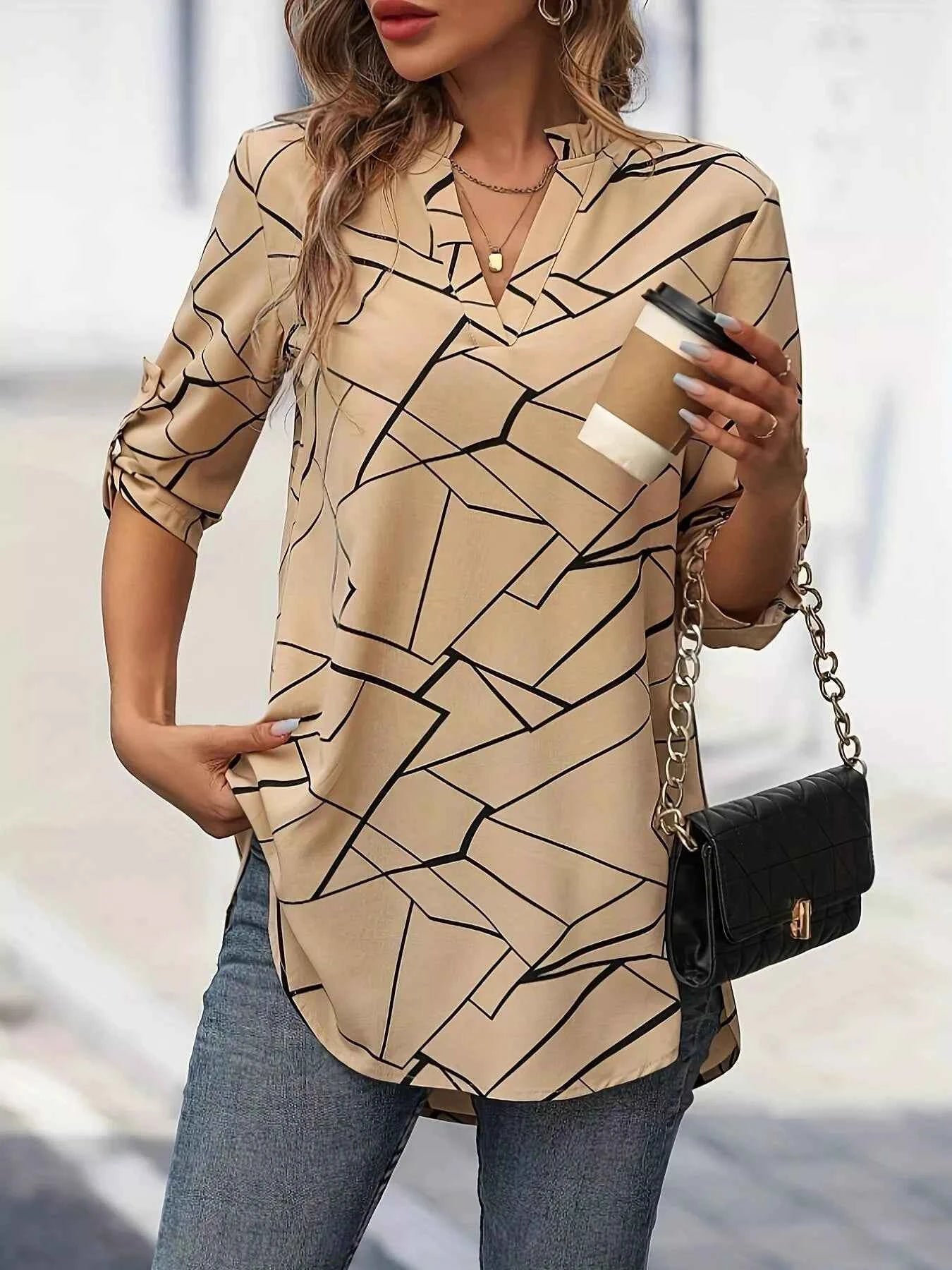 Notched 3/4 Sleeve Blouse Tan a41f2a76188648498bcd77386361bc16-Max-Origin