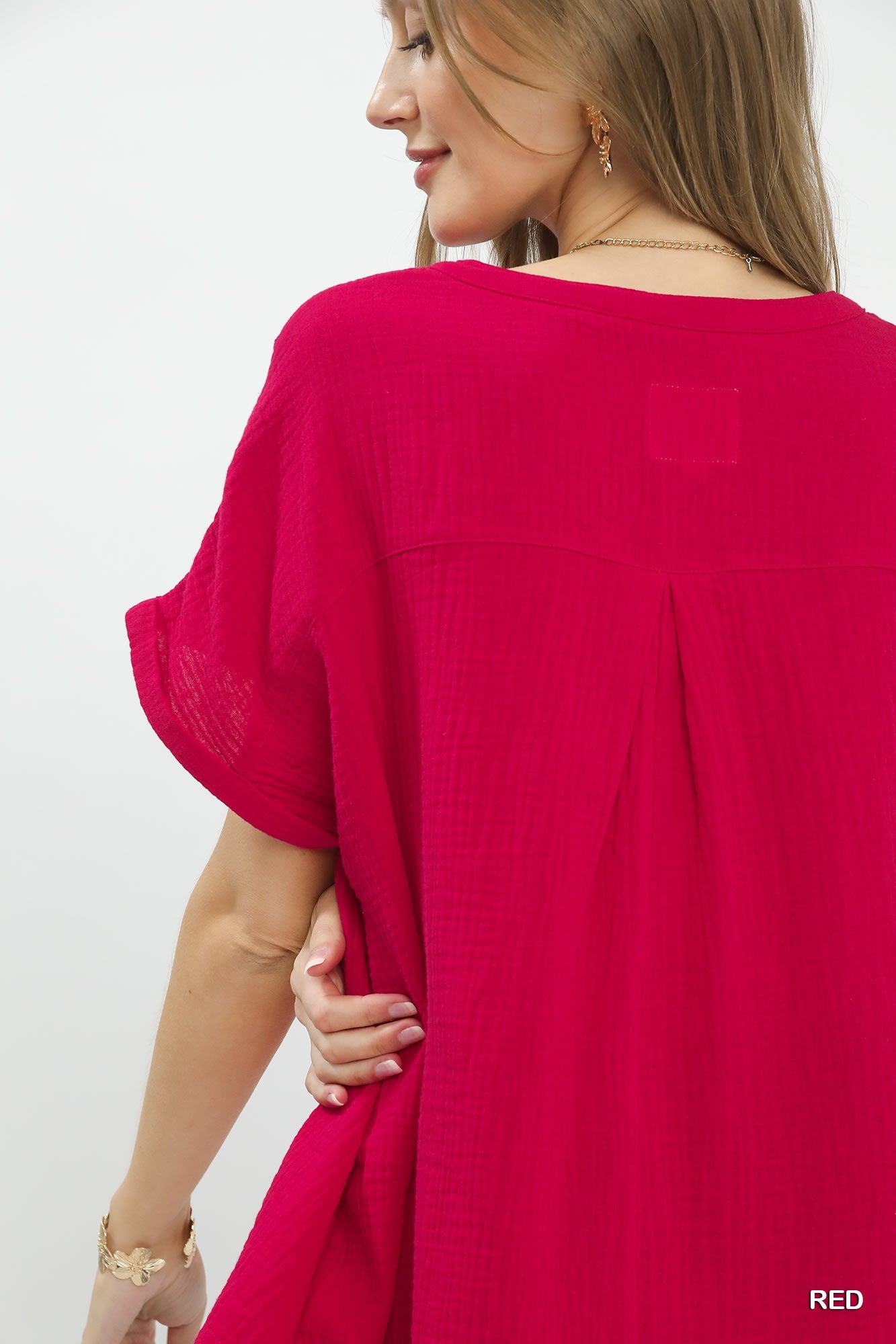 Umgee Textured Gauze Split-Neck Boho Blouse a4207cc1-0f9b-4250-b12a-e4d669596aa5-Max