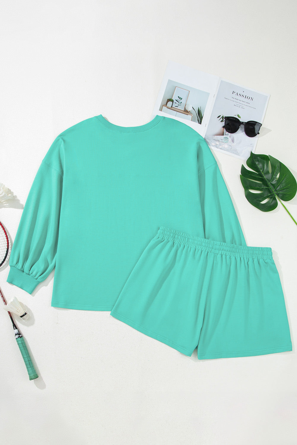 Sea Green Solid Color Plus Size Pullover and Loose Shorts Set a427139b47971dfe