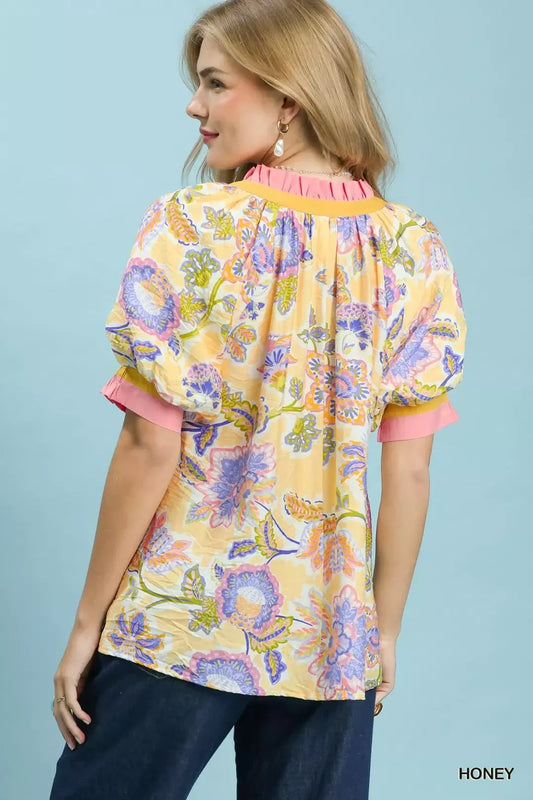 Floral Print Ruffled Short Sleeve Top a4287621-0ecf-4bb9-a4c6-9a60858c2e9a-Max-Origin