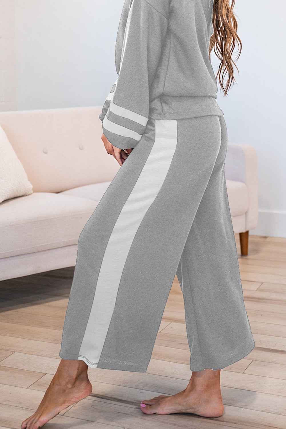 Mineral Red Varsity Stripe Patchwork Puff Sleeve Pullover Drawstring Wide Leg Pant Set a42b5c763026a2a1