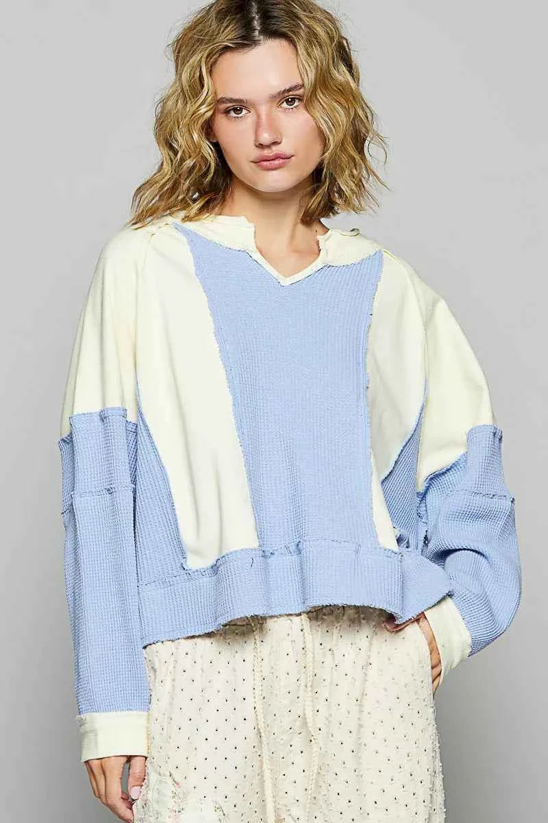 POL Color Block Waffle Knit Raw Hem Sweatshirt CREAM MULTI a42f9d4e-f59d-4c03-8711-499072588fbe-Max-Origin