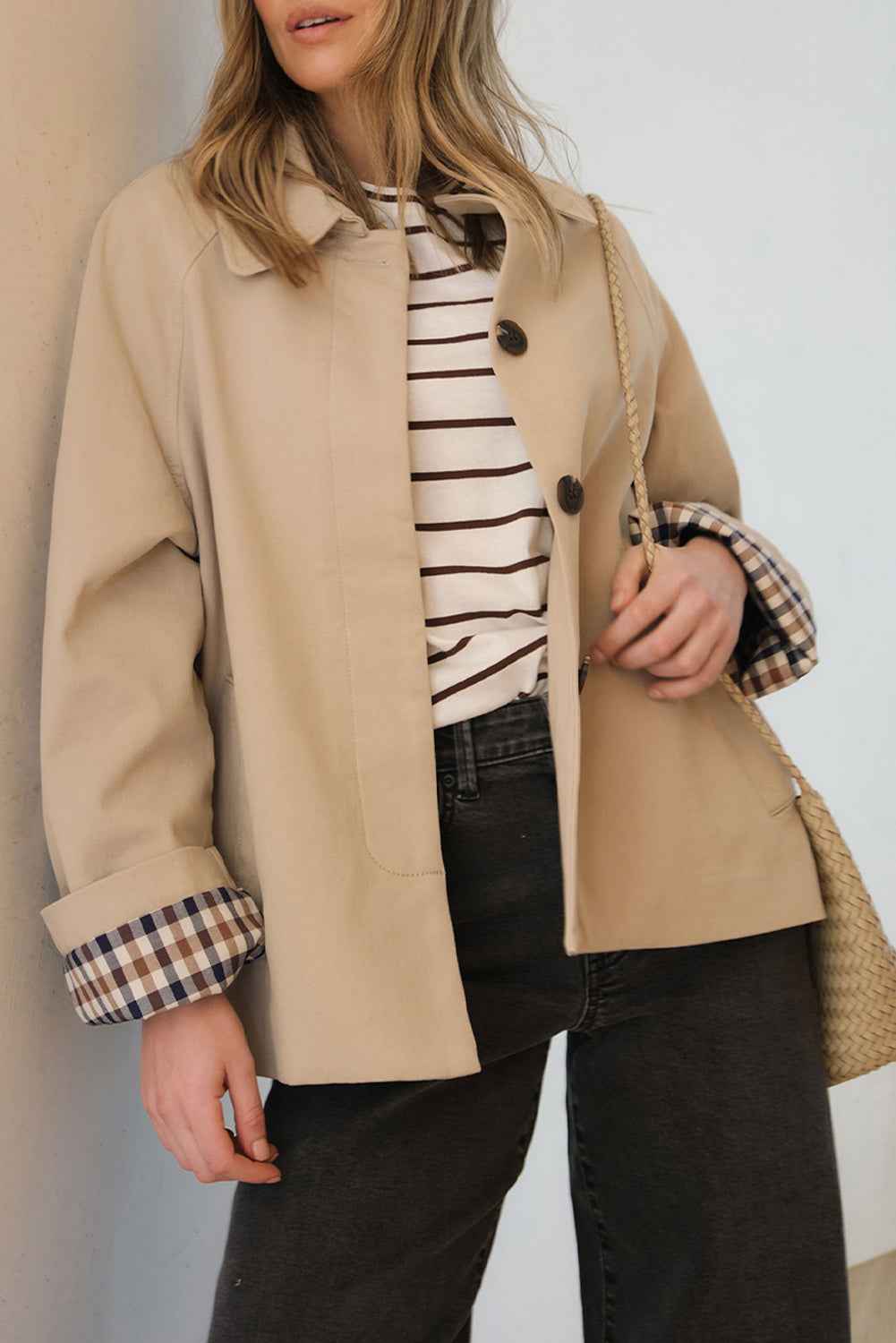 Parchment Plaid Lined Collar Trench Parchment 100%Polyester a430ad671fed0645