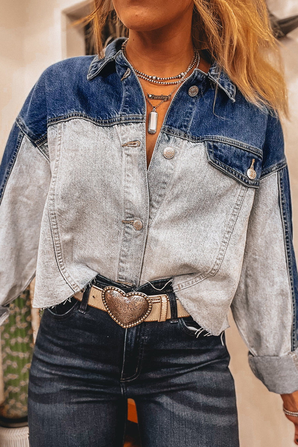 Dusk Blue Patchwork Flap Detail Distress Denim Jacket a4339a9d11c19f5f
