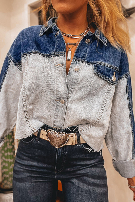 Dusk Blue Patchwork Flap Detail Distress Denim Jacket a4339a9d11c19f5f